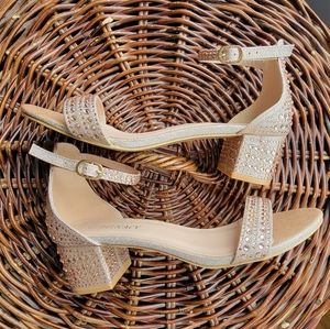 Women's Rhinestone Open Toe Ankle Strap Low Block Chunky Heels Sandals